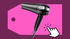 Hair dryer on shopping deals tag with digital hand icon with pink background.