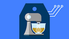 Stand mixer on shopping deals tag with a  blue background and circuit board icons.