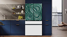 Samsung Bespoke refrigerator in a kitchen with MyBespoke Generative Art Collection panels