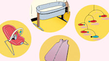 A bouncy seat, bassinet by bed, sleep sack and mobile toy.