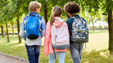 Children with backpacks on their backs walking to school.