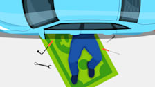 Illustration of a mechanic under a car laying on a dollar bill.