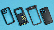 Bodyglove, Pelican, Joto, and Otterbox waterproof phone cases on blue background with waterdrops