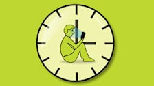 Illustration of a person looking at their phone while sitting on a clock face.