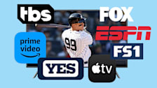 A photo collage with numerous TV network and streaming service logos laid over a TV with a New York Yankees player on it.