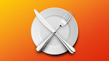 Illustration of a fork and knife placed in an X position on top of a plate.