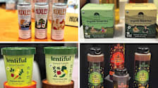 collage representing various flavors of Huxley Plant Powered Energy Drink, Nepal Tea Collective tea, Lentiful Instant Lentils, and Melissa's Hot Honeu