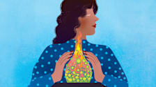illustration of person in polkadot shirt with throat and stomach with irritation and flames to represent heartburn
