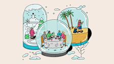 Three snow globes with people inside in different settings: a snowy mountain, a beach, and a dinner table