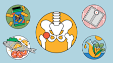 illustrations of skeleton with red circle over hip, bathroom scale, pitcher of olive oil, baked whole fish, and ginger pill bottle