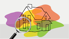 Four blobs of color representing PFAs, Microplastics, Phthalates, and BPAs cover an illustrated house.