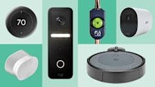 Clockwise from top left: Google Nest Learning Thermostat 4th Gen, Logitech Circle View Doorbell, Flo by Moen Smart Water Shutoff System, Arlo Go 2 LTE WiFi, iRobot Roomba Combo i5, Sonos Era 300 Smart Speaker.