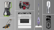 Clockwise from center: Briggs & Stratton Inverter Generator, Shark Steam Mop, Dyson Air Purifier, Maximus Video Doorbell, Fisher & Paykel Range, Worx Battery Lawn Mower, 3 Squares Blender