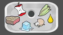 Illustration of a kitchen sink with different items you either can or cannot put down a garbage disposal.
