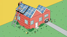 Illustration of the outside of a home, with people adding solar panels to the roof.