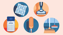 five illustrated icons representing air filter, air purifier, duster, vacuum, and mop/broom