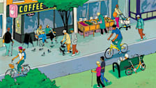 illustration of people of various ages walking and cycling in a busy downtown