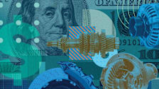 photo illustrated collage of car parts with $100 bill in background
