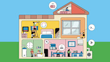illustration of inside a home with each room showing a person making energy improvements