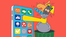 illustration of smartphone with hand coming out of screen holding trash bag filled with caution symbol, cat, and masked person