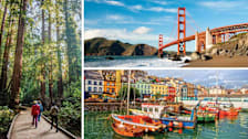 collage of 3 images showing people walking on path through redwood trees, the Golden Gate bridge with water and mountains, and colorful boats docked in front of a row of colorful houses on a city street
