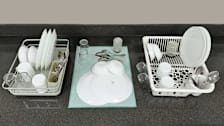 Kitsure, Target Room Essentials, and IKEA FLUNDRA Dish Drying Racks each with various white dishes, silverware, and glasses