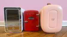 Three skincare fridges against a pink wall