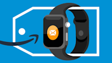 Illustration of a smart watch with a large sales tag and the Amazon arrow logo.