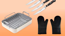 Caraway roasting pan, Wusthof steak knives, and Gorilla Grip silicon oven mitts