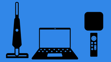 Black silhouettes of a vacuum cleaner, a laptop, and a streaming device with a remote control, with teal sales tags all set against a blue background