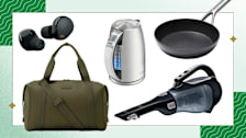 Clockwise from center: Cuisinart PerfecTemp Cordless Electric Kettle CPK-17, Oxo Ceramic Professional Non-Stick Pan, Black & Decker BDH2000L handheld vacuum, Dagne Dover Landon Carryall, and Sony WF1000XM5 noise-cancelling earbuds