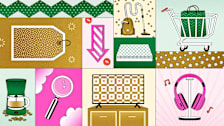 Various shopping and product icons, including a price tag, a downward arrow with a percentage sign, a vacuum cleaner, a shopping cart, a mattress, a coffee maker, a magnifying glass, a television, and headphones