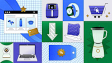 Various online shopping and product icons, including items like headphones, a water bottle, an air fryer, a smartwatch, a shopping cart, a laptop, a pillow, a blender, a discount tag, and an arrow pointing down