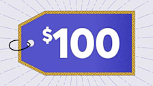 A purple price tag with "$100" in large white text, golden border, and radiating lines in the background.