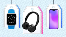 Price tags displaying a smartwatch, black headphones, and a smartphone, on a blue background