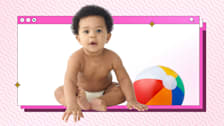 Baby sitting with a colorful beach ball beside them, framed within a pink browser window, set against a wavy pink background.