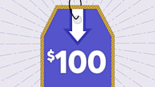 A purple price tag with a gold border, showing a large white "$100" beneath a bold white arrow pointing down.