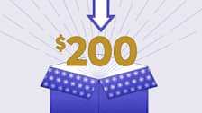 A purple gift box with its lid open, displaying a large gold "$200" symbol above it and a downward-pointing arrow