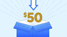 A blue gift box with its lid open, displaying a large gold "$50" symbol above it and a downward-pointing arrow