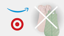 Amazon and Target logo next to  Nested Bean Zen One Classic Sleep Sack and Baby Dream Weighted Sleep Sack with a white x.