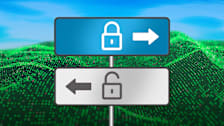 Road sign posts with Locked and Unlocked icons on digital landscape background.