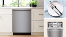 collage of 3 images with Bosch SHE53C85N dishwasher in kitchen with white cabinets, overhead view of white plate with fork and knife, and detail of Miele G7176SCVi dishwasher with door partly open