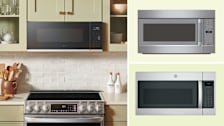 grid of three images with LG MVEF1323F over the range microwave in kitchen with light green cabinets, Thermador MU30WSU and GE JNM7196SKSS over the range microwaves on light green backgrounds