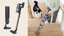 split image with Samsung Bespoke AI Jet Ultra VS90F40DMK/AA on beige background and person using Shark PowerDetect IP1251 stick vacuum on stairs with black and white dog in background