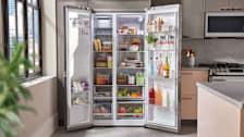 LG LRSD2706S side by side refrigerator seen with both doors open in a kitchen