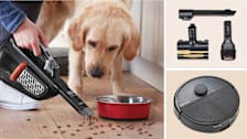 Clockwise from left: A person using the Shark Ion W1 WV201 handheld vacuum to pick up dog kibble while their Golden Retriever watches, vacuum accessories from the Samsung Bespoke AI Jet Ultra VS90F40DMK/AA, and the iRobot Roomba Max 705.