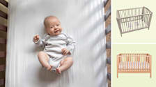 A smiling baby in a crib and the Pottery Barn Kids Emerson Convertible Crib and Newton Baby Galileo Convertible Crib.