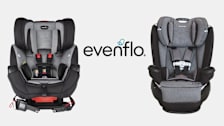 Evenflo Symphony DLX and Evenflo Gold Revolve360 car seats with Evenflo logo between them