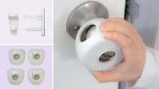 Clockwise from top left: Wappa Baby Door Lever Lock, a toddler's hand covering a doorknob cover, Eudemon Baby Safety Door Knob Covers