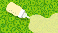 Illustration of a baby bottle pouring formula out over an expanse of dollar bills.